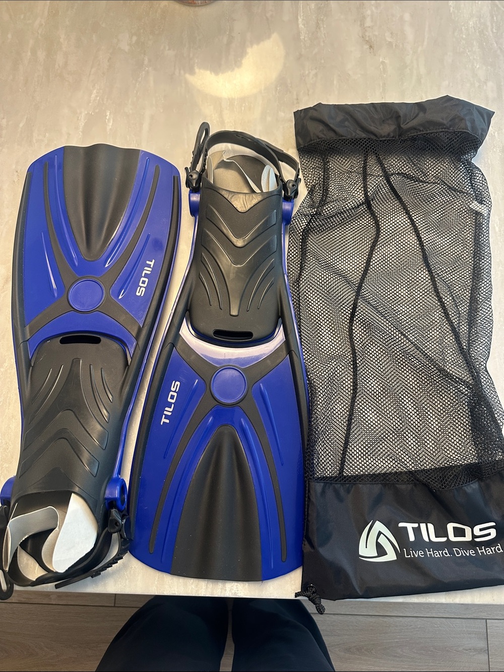 Blue & Black Adjustable Open-Heel Snorkel Fins with Mesh Bag